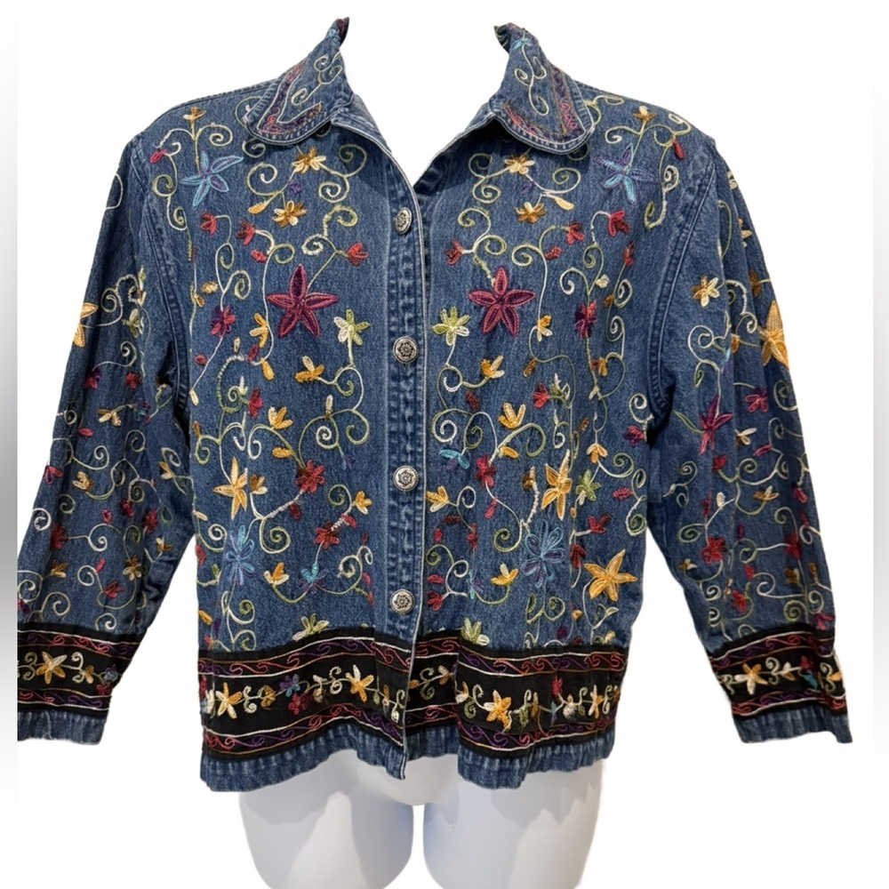 Life Style Embroidered Denim Jacket with Floral Design. M/L